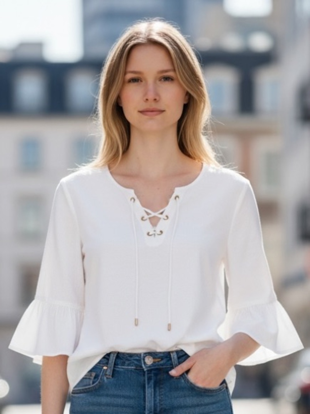 Calvin Klein White Lace-Up Bell Sleeve Linen Top
